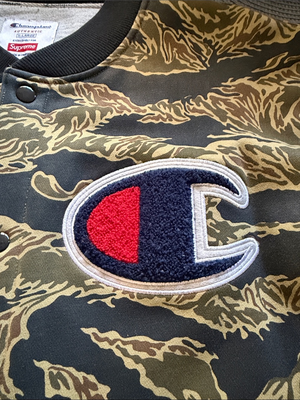 Supreme x Champion Tiger Camo Bomber Jacket in Olive & Black with Logo Patch - Picture 2 of 6
